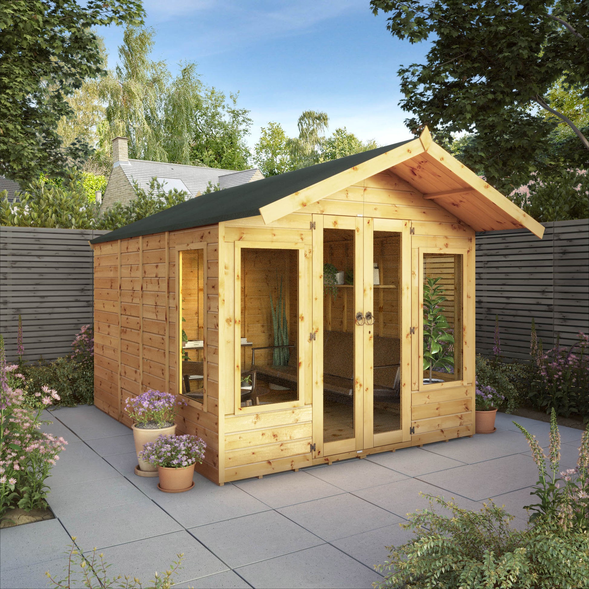 A traditional summerhouse with double doors and large windows