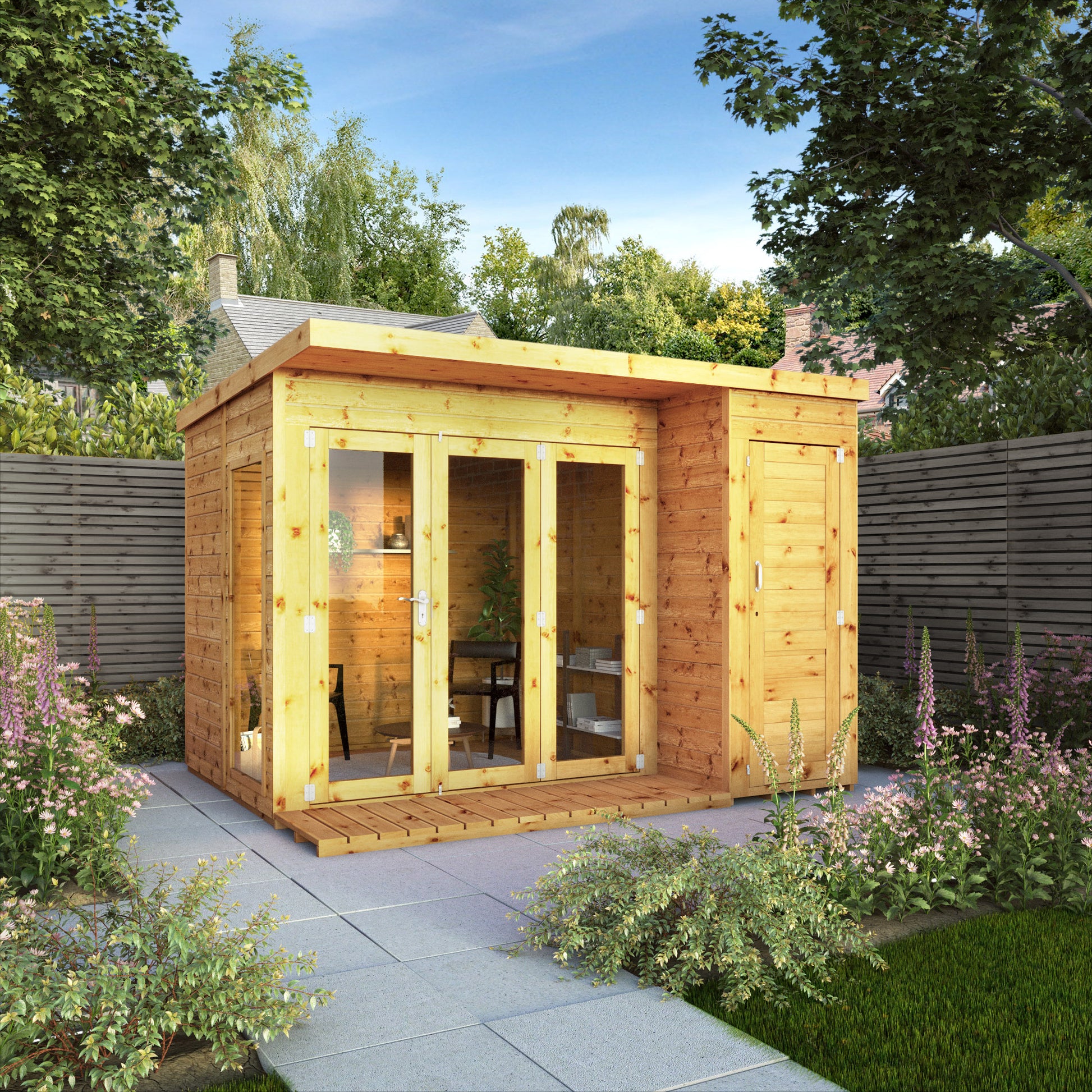 A timber summerhouse with double doors, full length windows and side shed