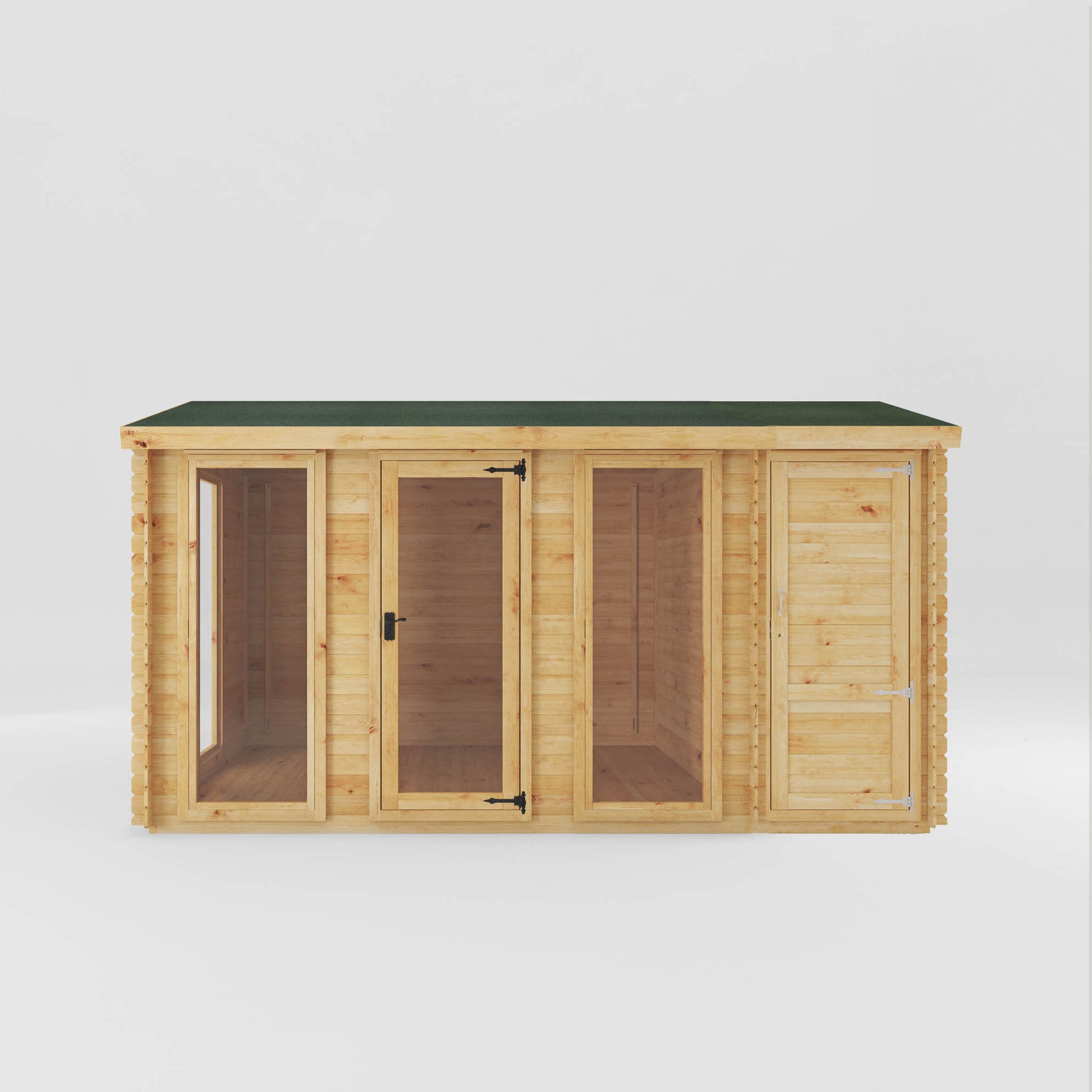 A modern timber log cabin with double doors, full length windows, side shed and apex roof 