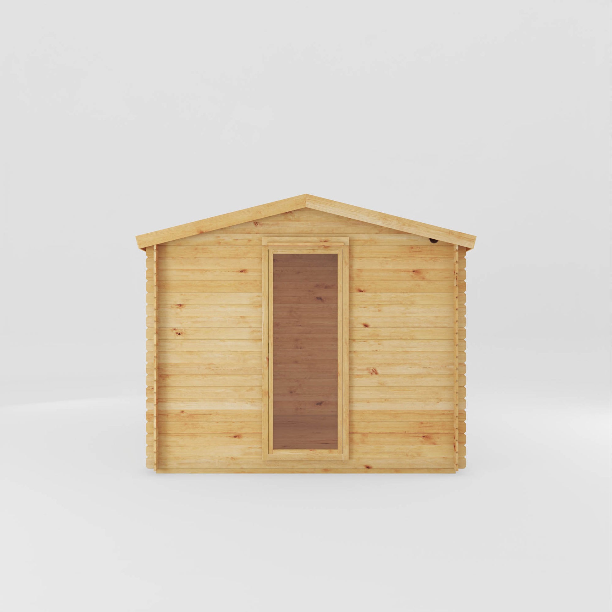 A modern timber log cabin with double doors, full length windows, side shed and apex roof 