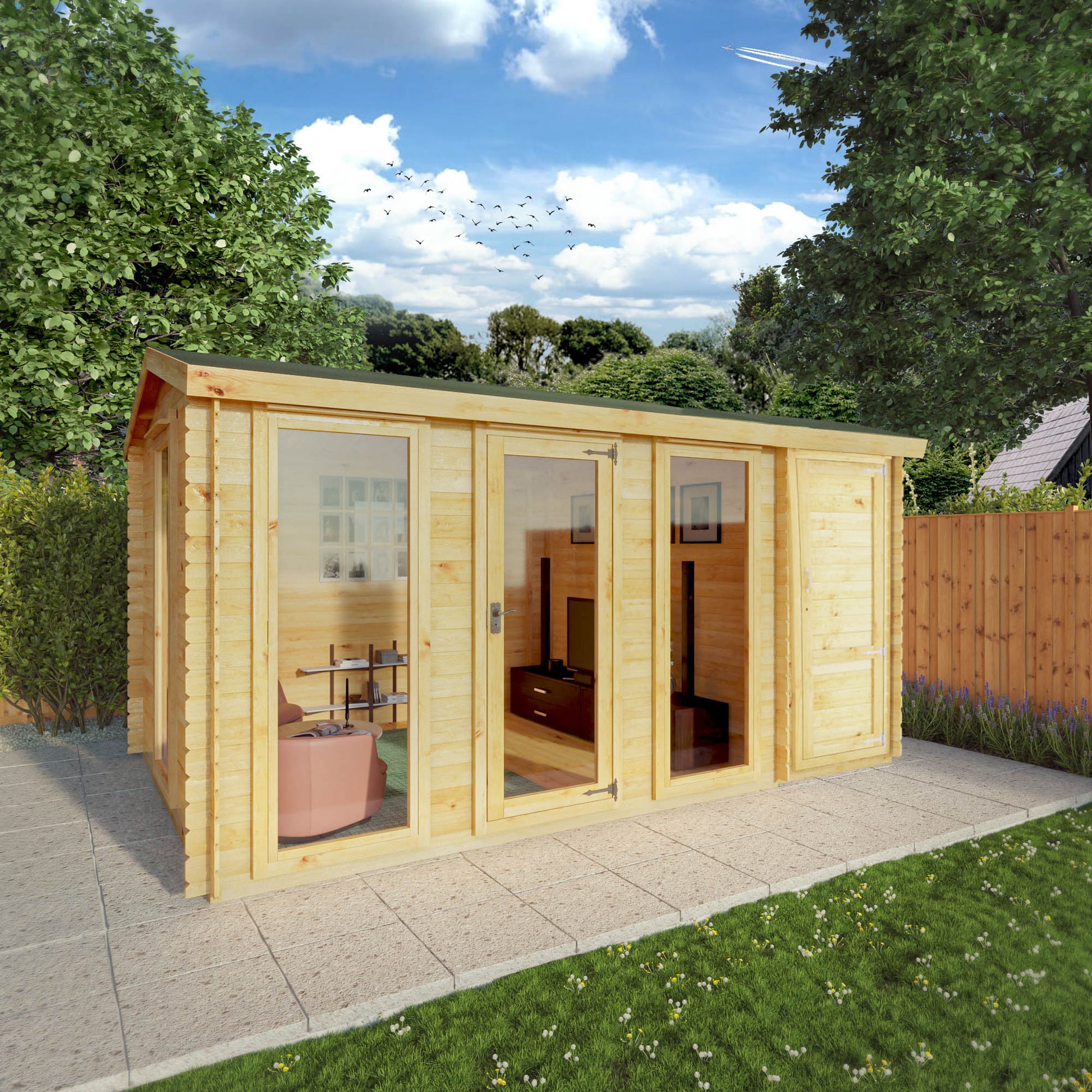 A modern timber log cabin with double doors, full length windows, side shed and apex roof being used for entertainment purposes.