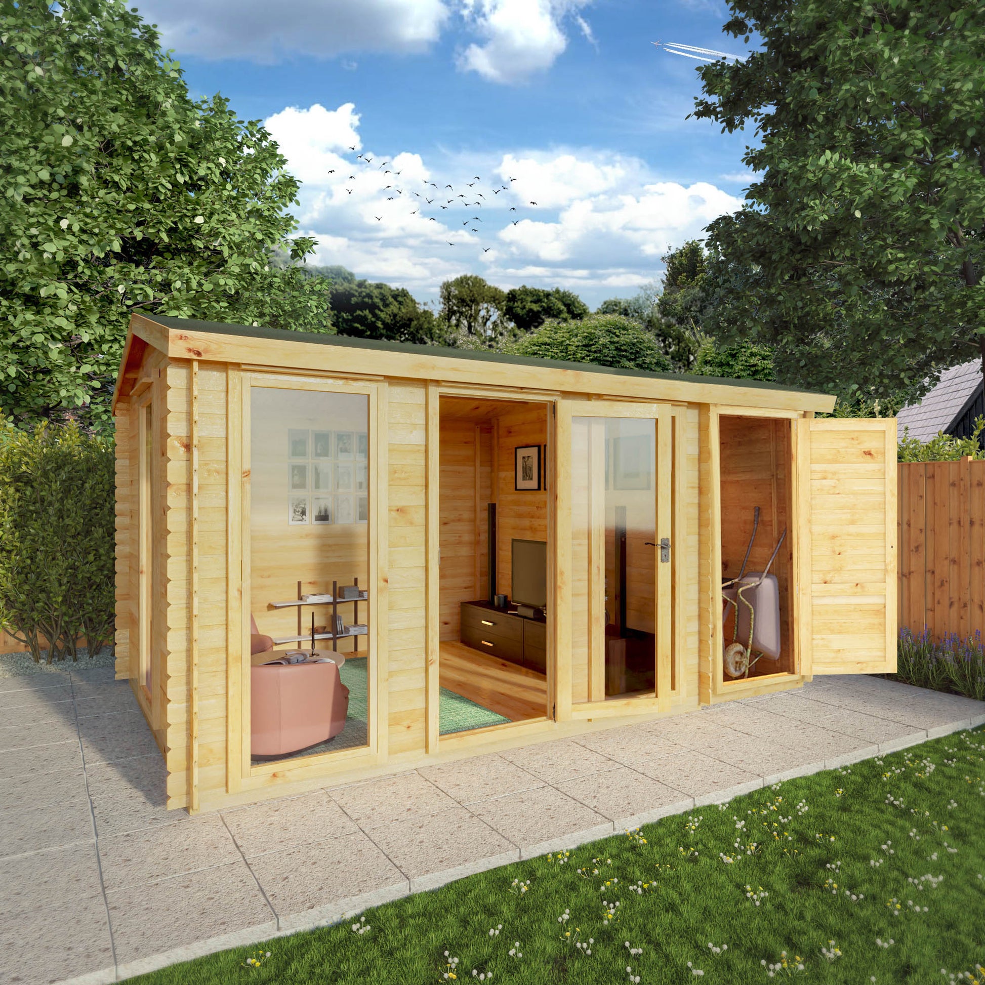 A modern timber log cabin with double doors, full length windows, side shed and apex roof being used for entertainment purposes.