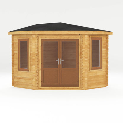 The 3m x 3m Goldcrest Corner Log Cabin with Oak UPVC