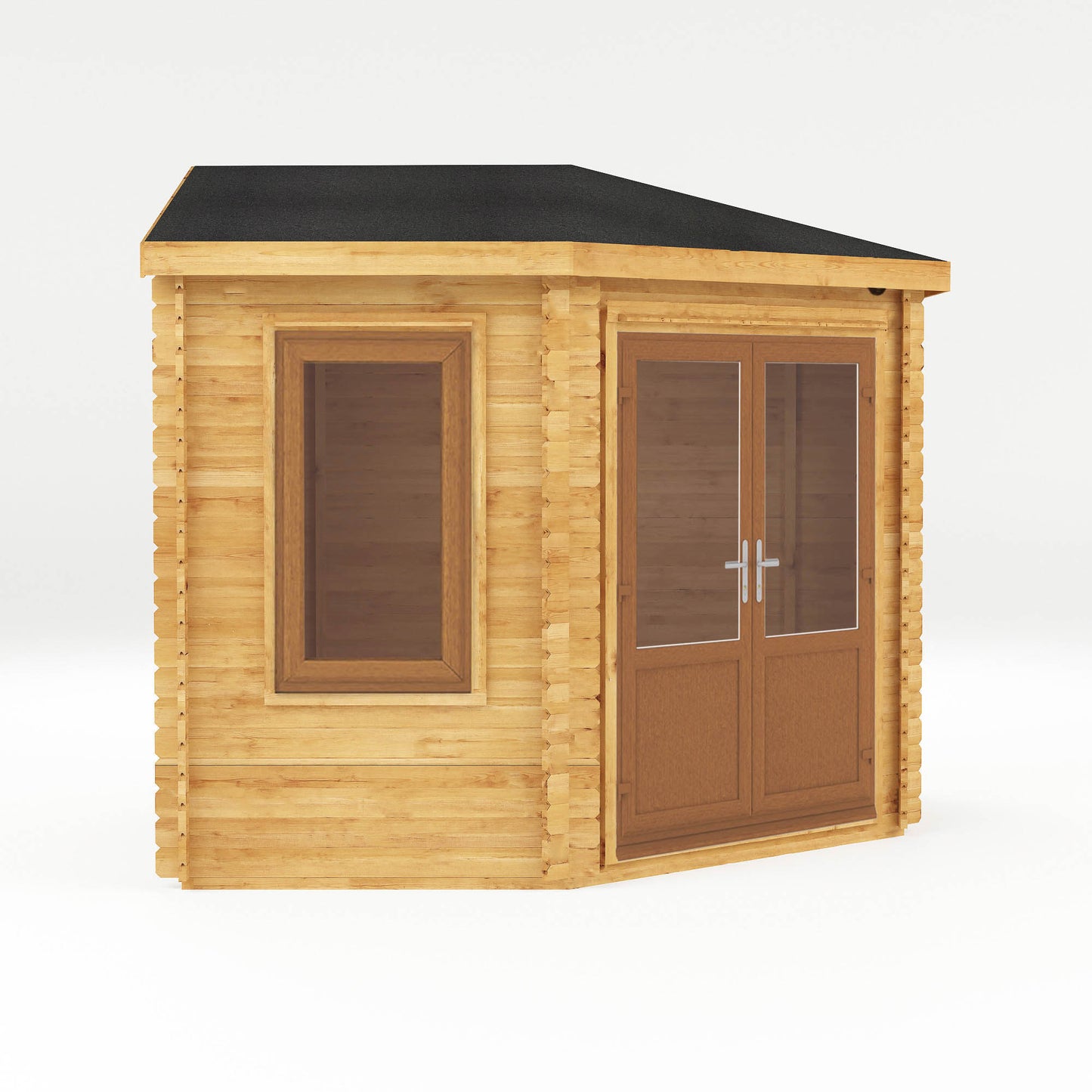 The 3m x 3m Goldcrest Corner Log Cabin with Oak UPVC