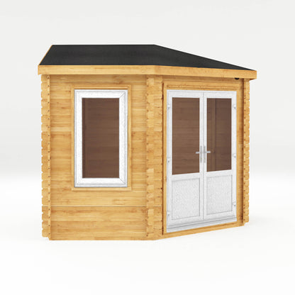 The 3m x 3m Goldcrest Corner Log Cabin with White UPVC