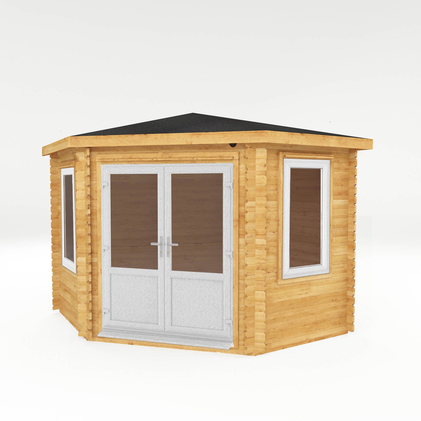 The 3m x 3m Goldcrest Corner Log Cabin with White UPVC