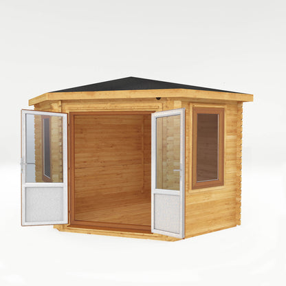 The 3m x 3m Goldcrest Corner Log Cabin with Oak UPVC