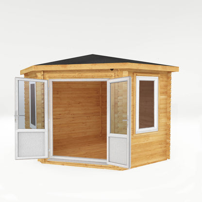 The 3m x 3m Goldcrest Corner Log Cabin with White UPVC