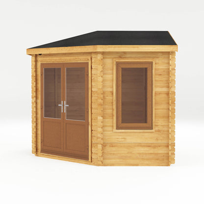 The 3m x 3m Goldcrest Corner Log Cabin with Oak UPVC