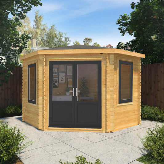 The 3m x 3m Goldcrest Corner Log Cabin with Anthracite UPVC