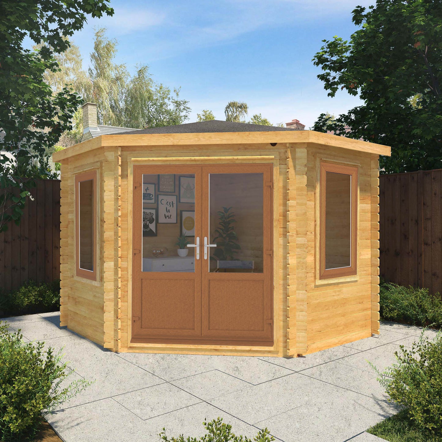 The 3m x 3m Goldcrest Corner Log Cabin with Oak UPVC