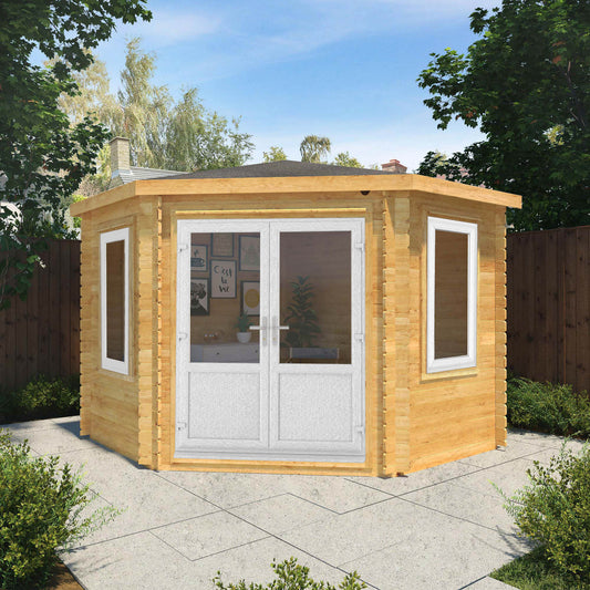 The 3m x 3m Goldcrest Corner Log Cabin with White UPVC