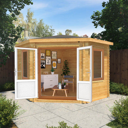 The 3m x 3m Goldcrest Corner Log Cabin with Oak UPVC