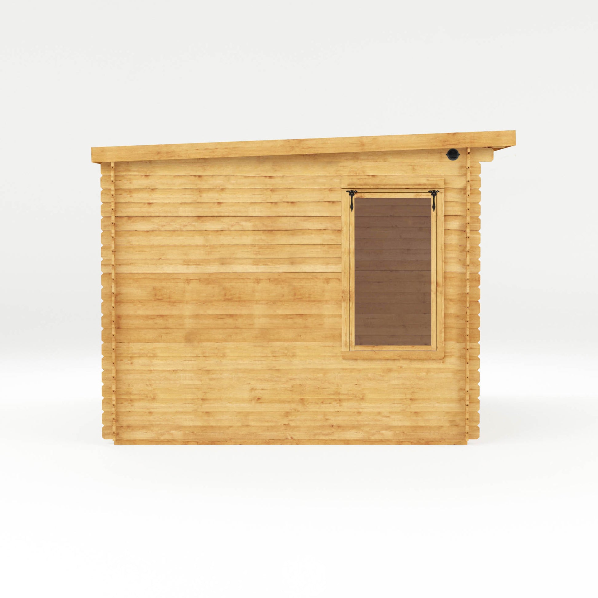 Side of a timber log cabin with pent roof, large windows and double doors