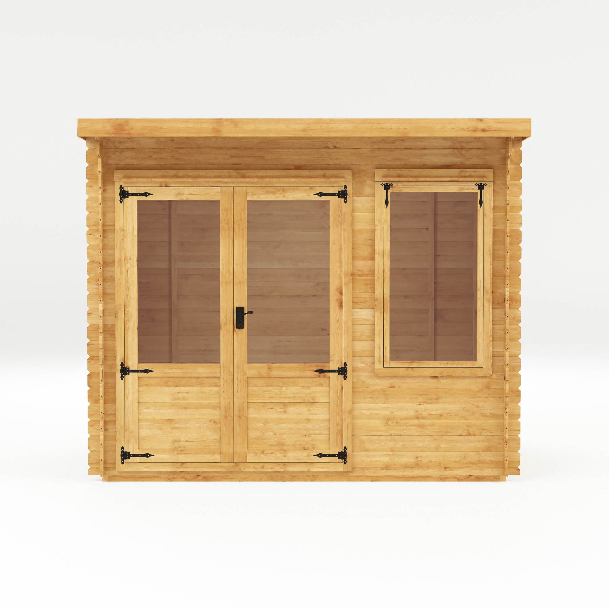 A timber log cabin with pent roof, large windows and double doors