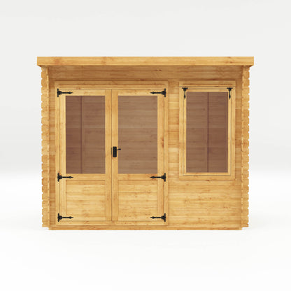 A timber log cabin with pent roof, large windows and double doors