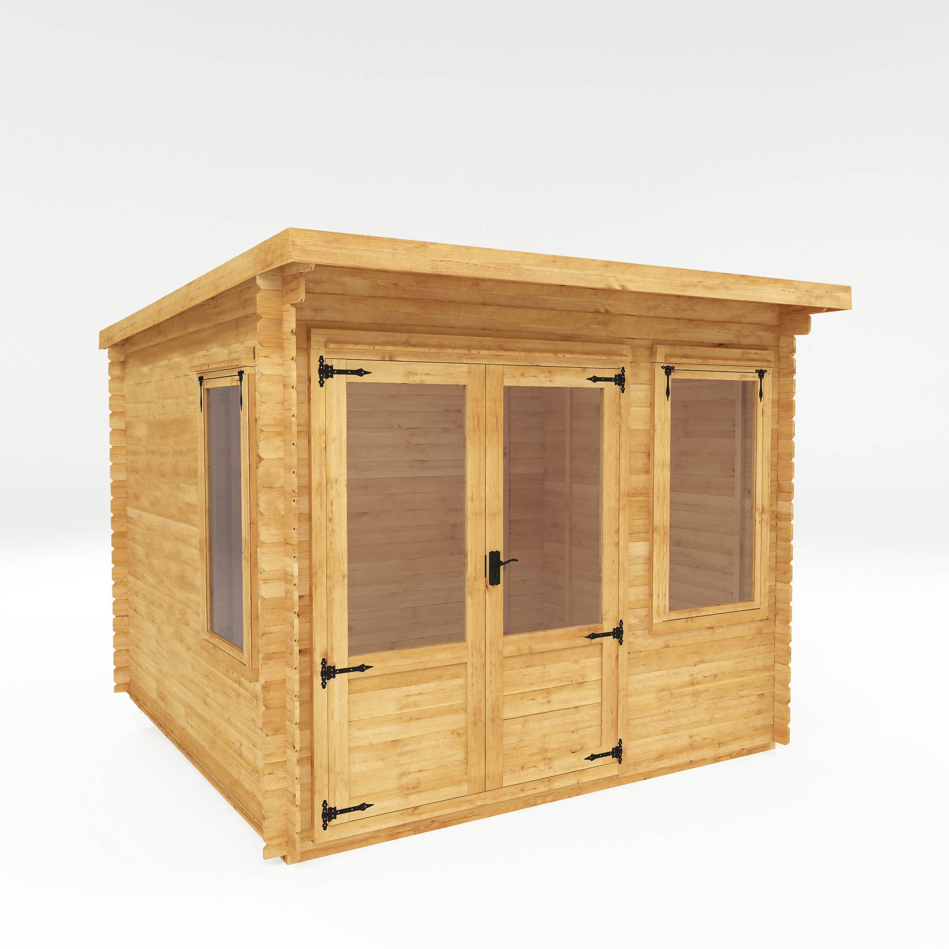 A timber log cabin with pent roof, large windows and double doors