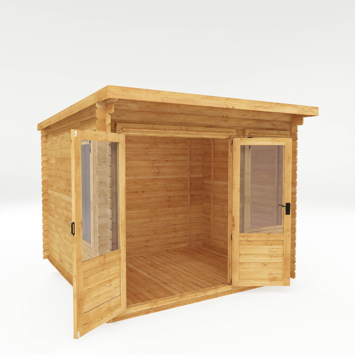 A timber log cabin with pent roof, large windows and double doors