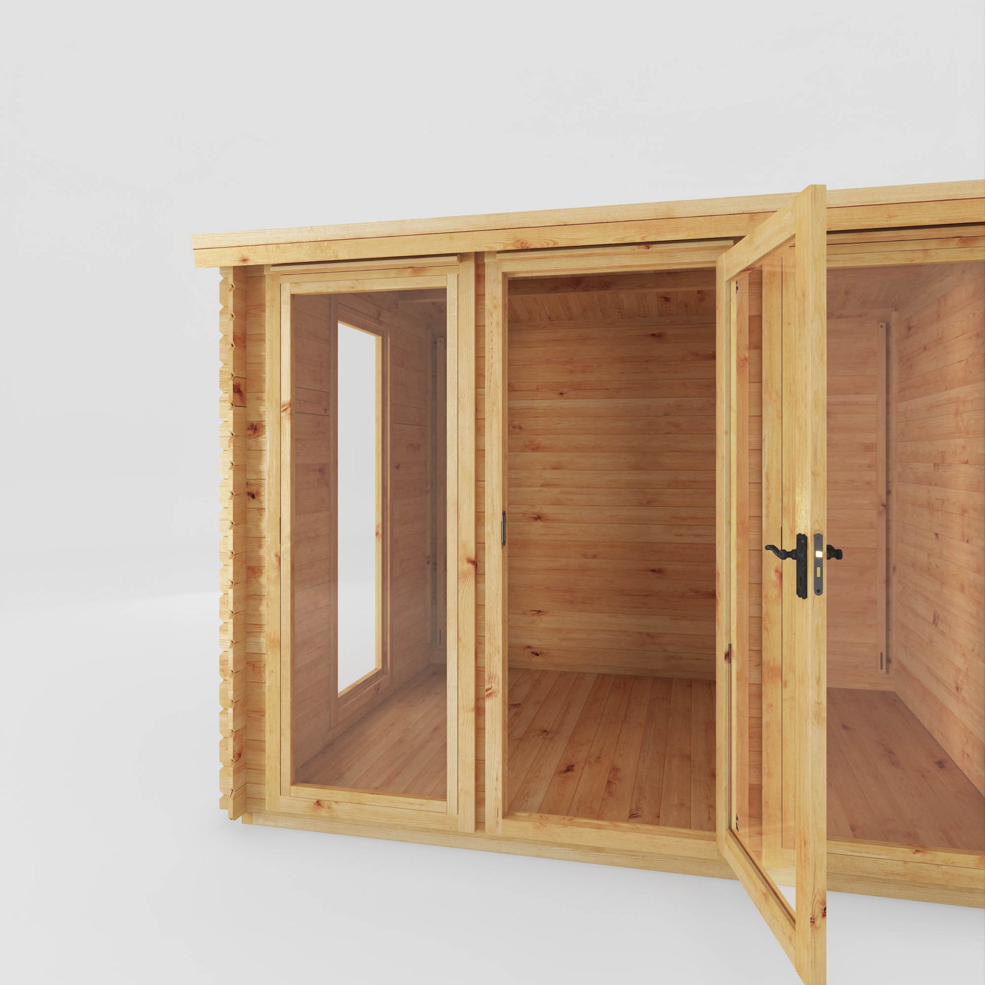 A modern log cabin with single door, full length windows, apex roof