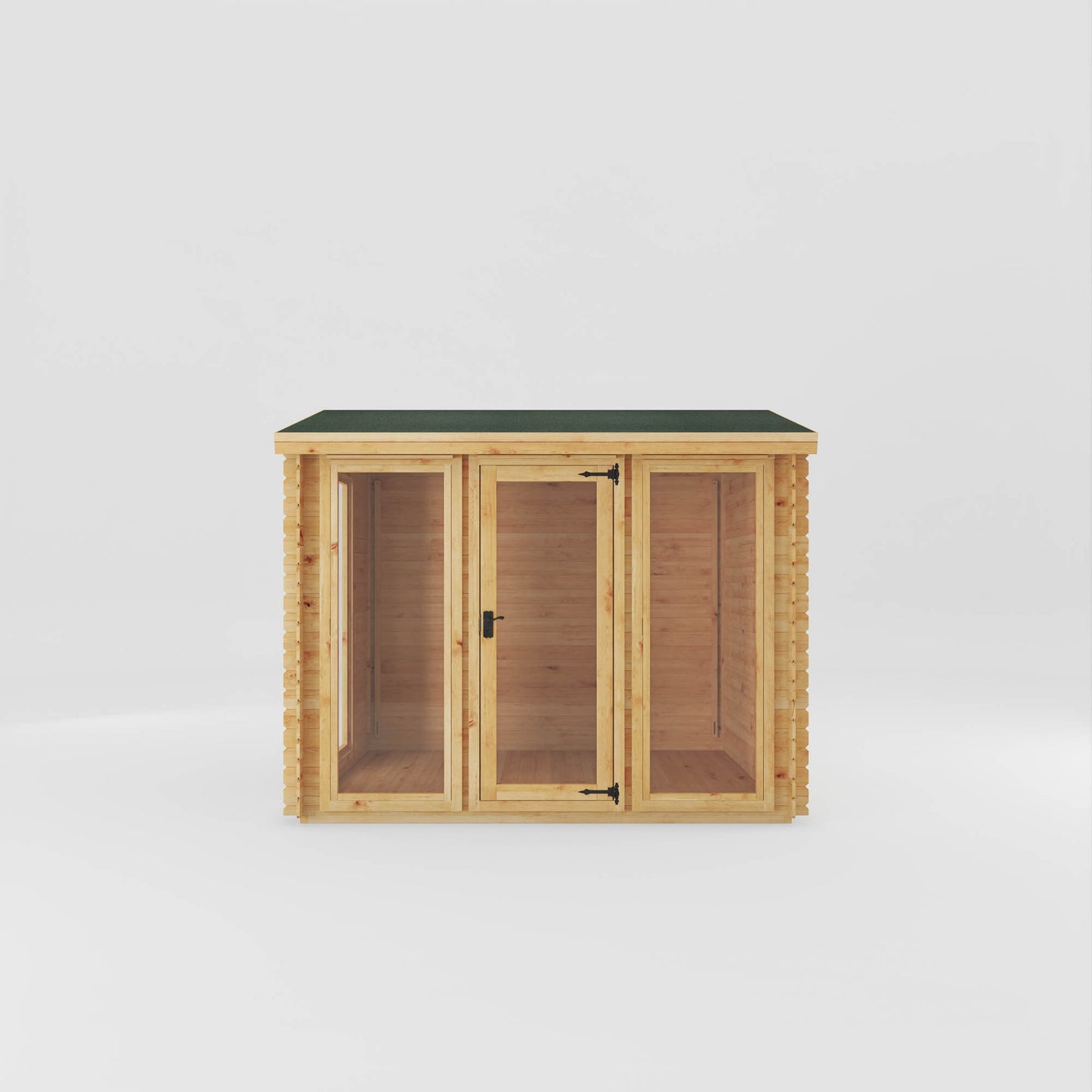 A modern log cabin with single door, full length windows, apex roof