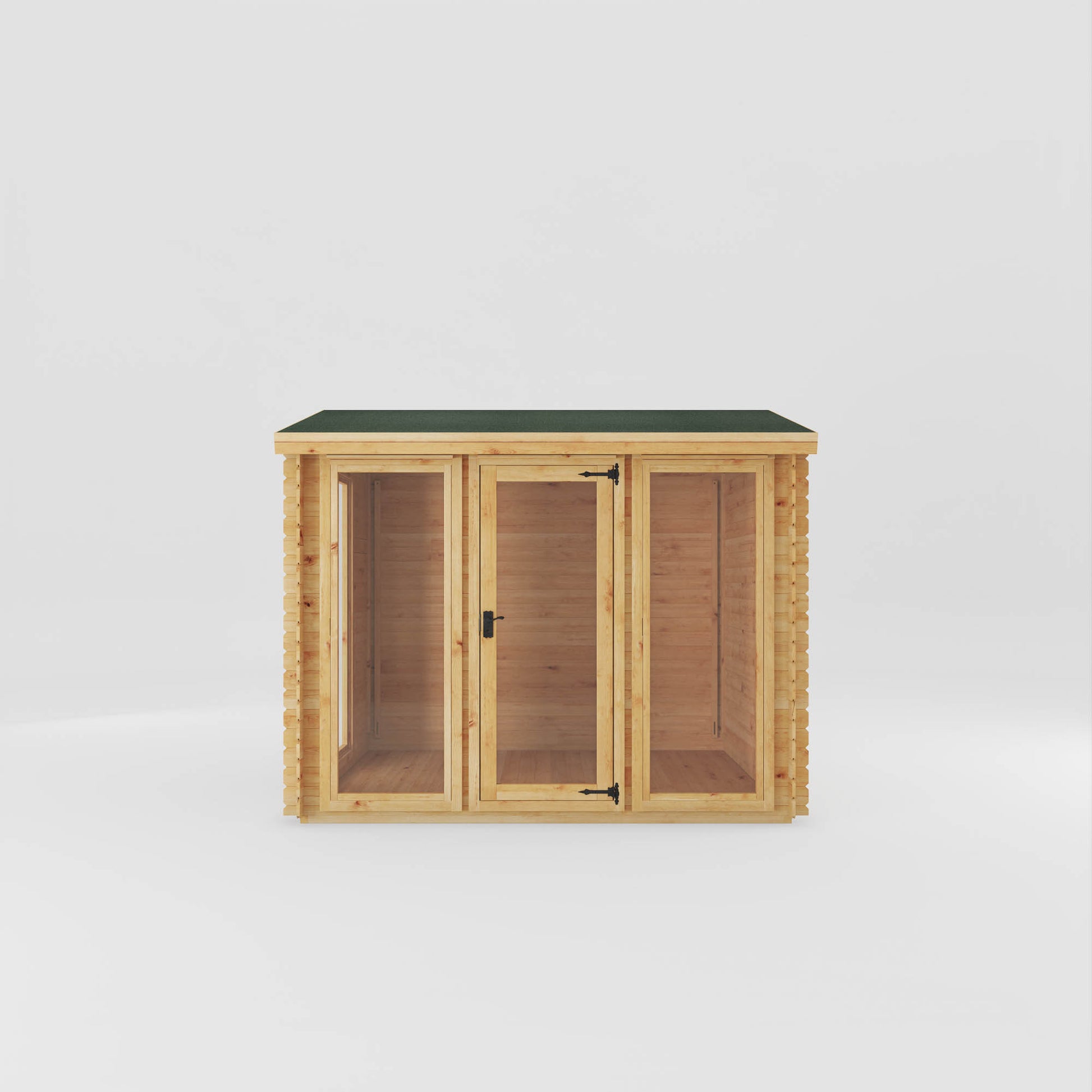 A modern log cabin with single door, full length windows, apex roof