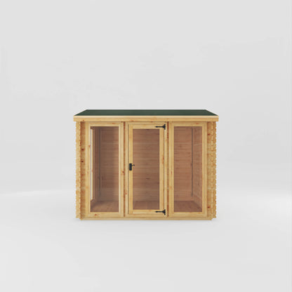 A modern log cabin with single door, full length windows, apex roof