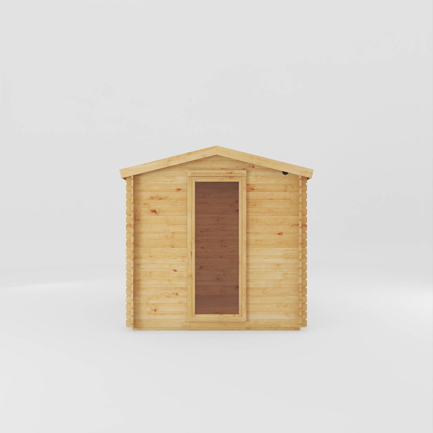 The side profile of A modern log cabin with single door, full length windows, apex roof