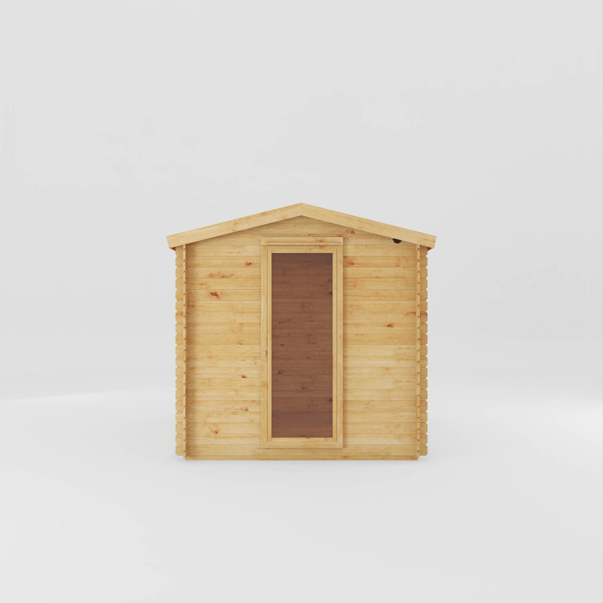 The side profile of A modern log cabin with single door, full length windows, apex roof