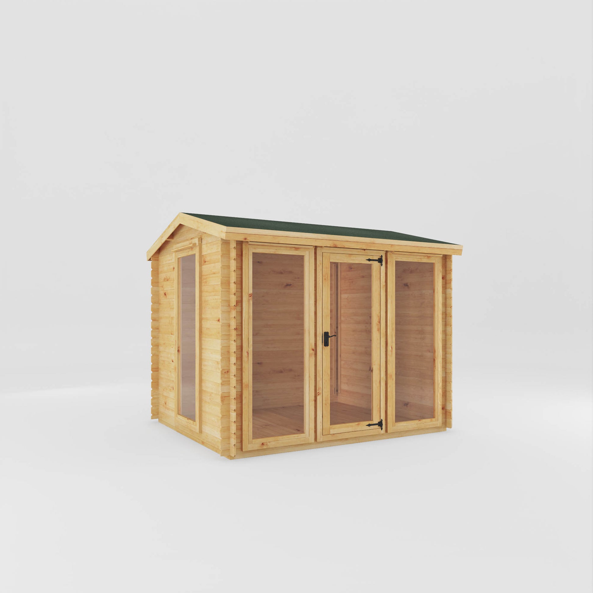 A modern log cabin with single door, full length windows, apex roof