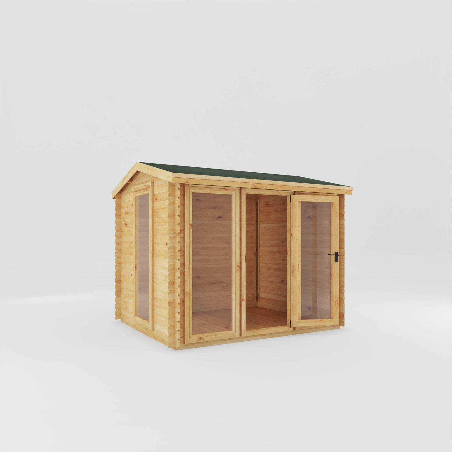 A modern log cabin with single door, full length windows, apex roof