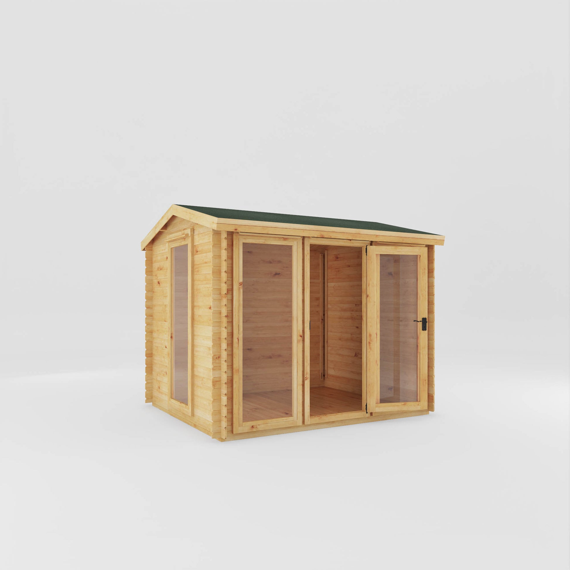 A modern log cabin with single door, full length windows, apex roof