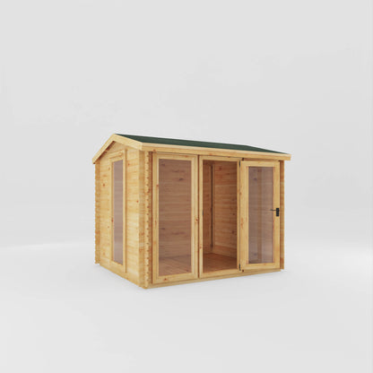 A modern log cabin with single door, full length windows, apex roof
