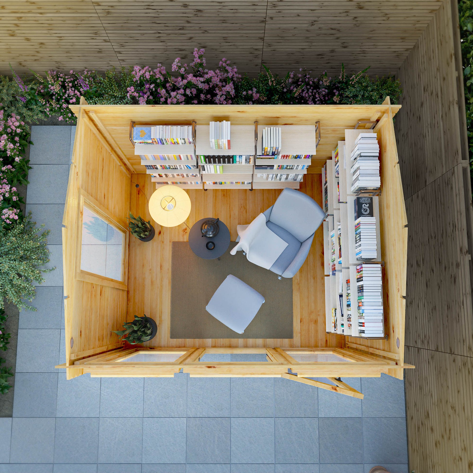 A modern log cabin with single door, full length windows, apex roof, decorated for reading and relaxation. 