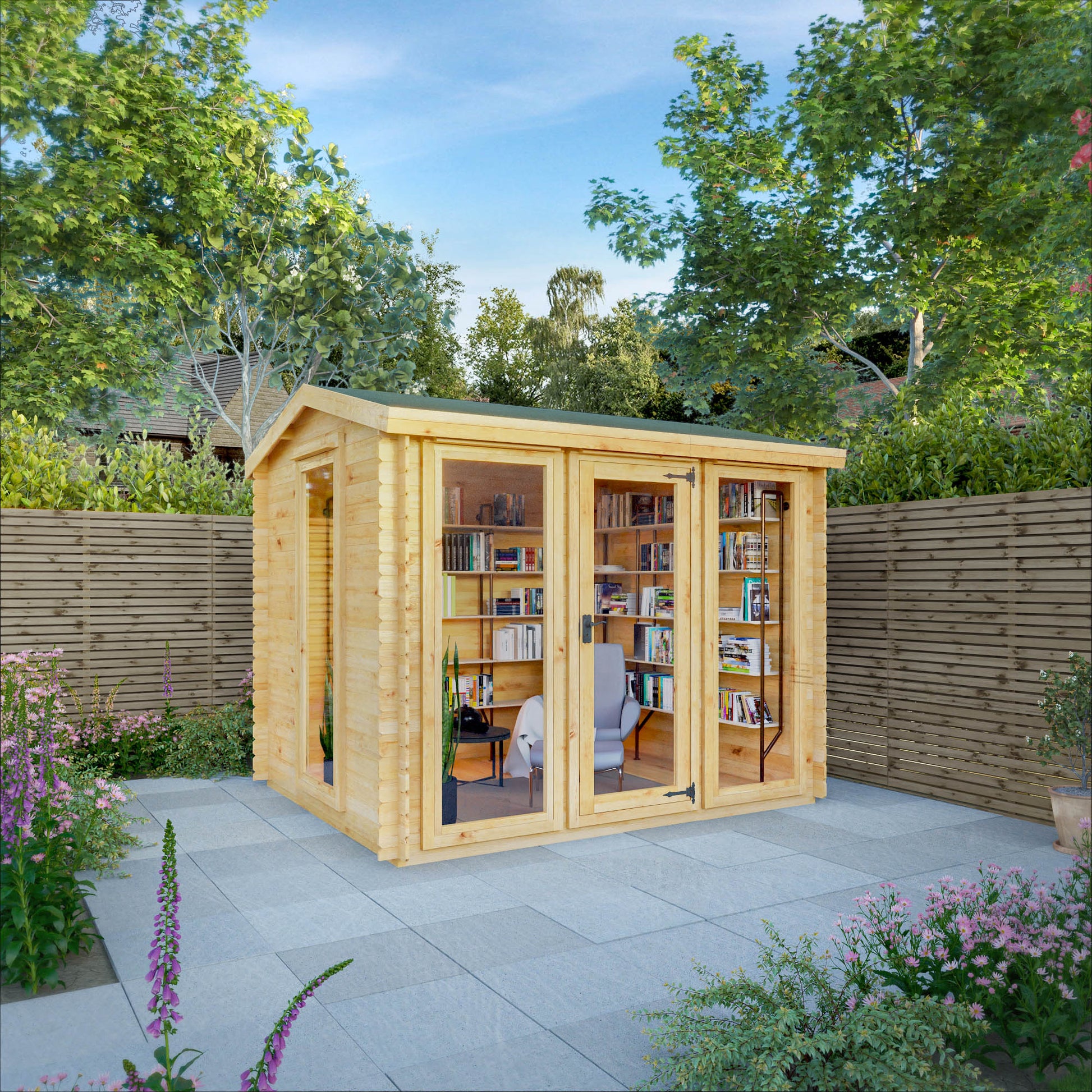 A modern log cabin with single door, full length windows, apex roof, decorated for reading and relaxation. 