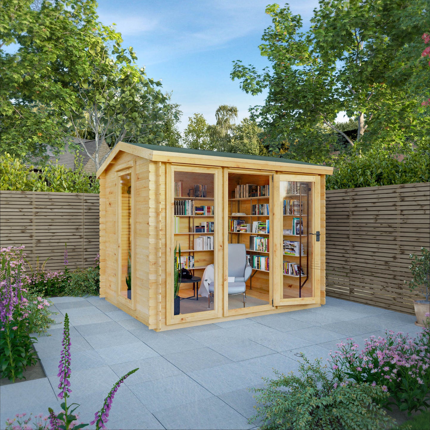 A modern log cabin with single door, full length windows, apex roof, decorated for reading and relaxation. 
