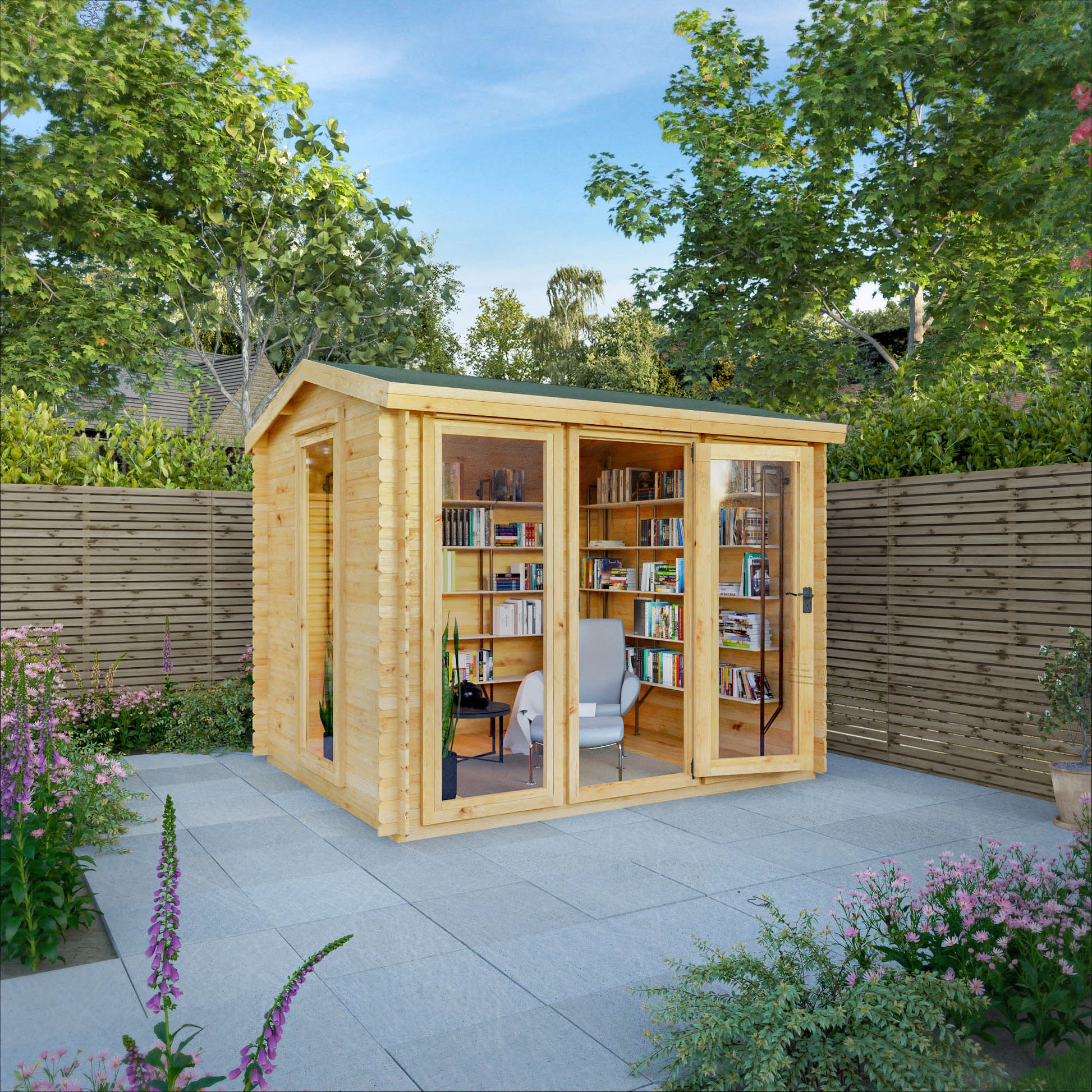 A modern log cabin with single door, full length windows, apex roof, decorated for reading and relaxation. 