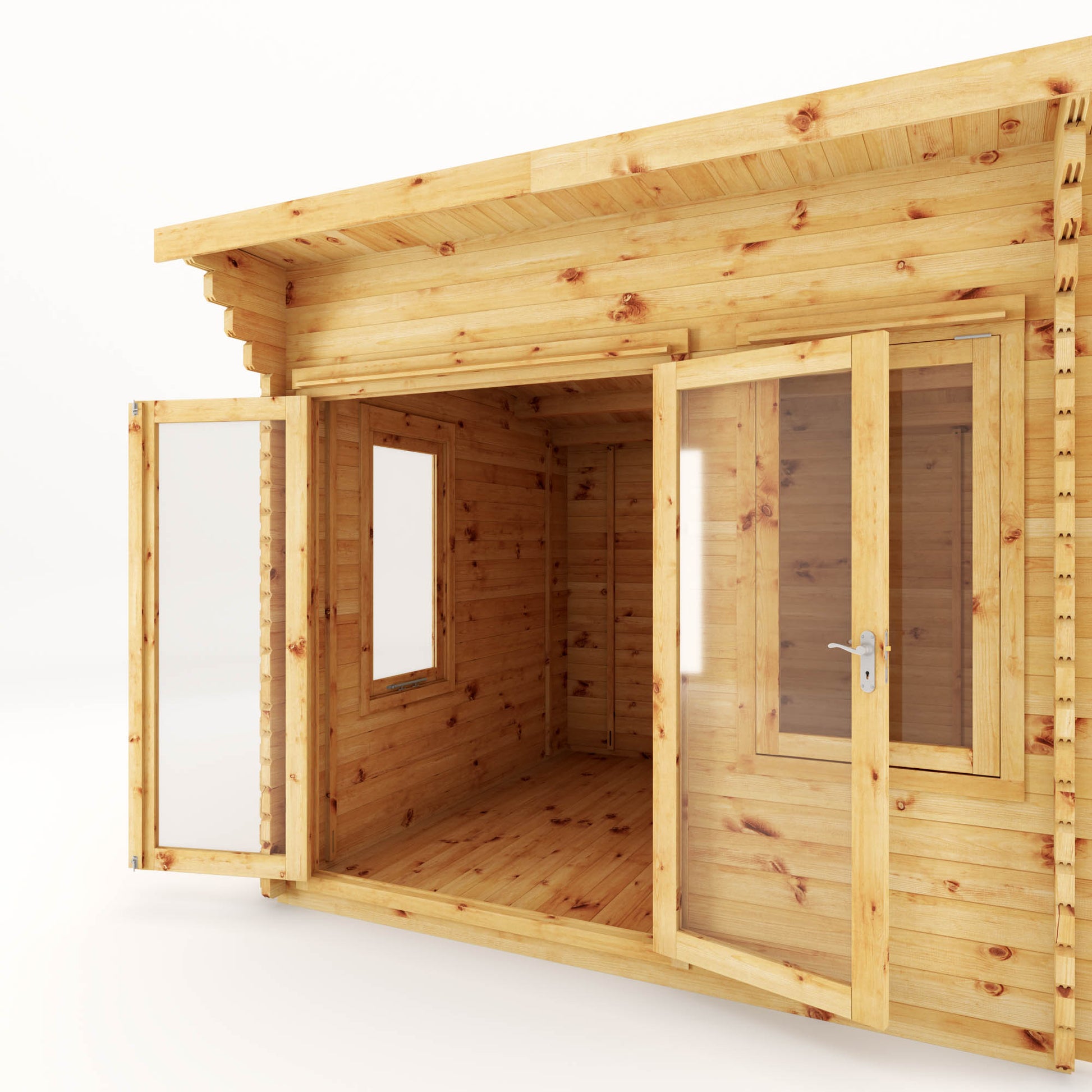 A curved roof log cabin with full length double doors and large windows