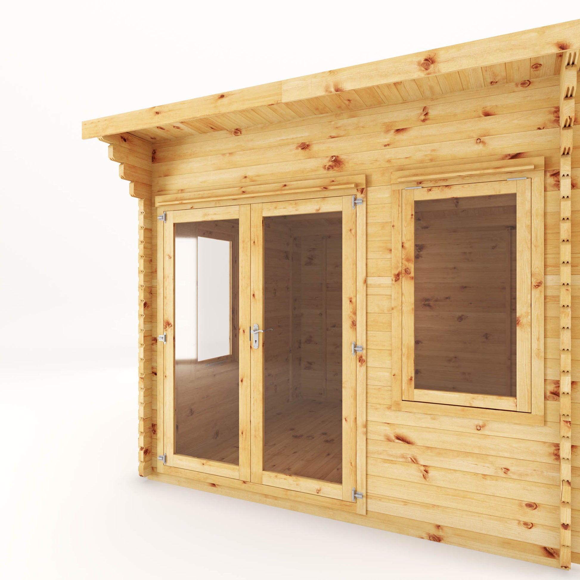 A curved roof log cabin with full length double doors and large windows