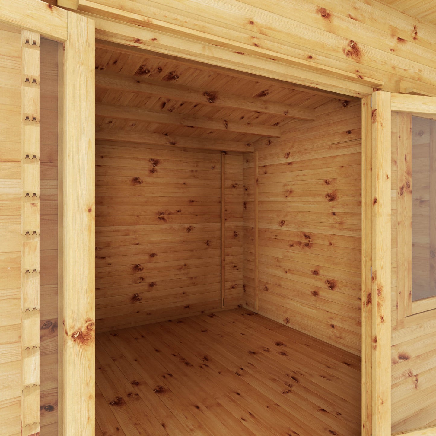 A curved roof log cabin with full length double doors and large windows
