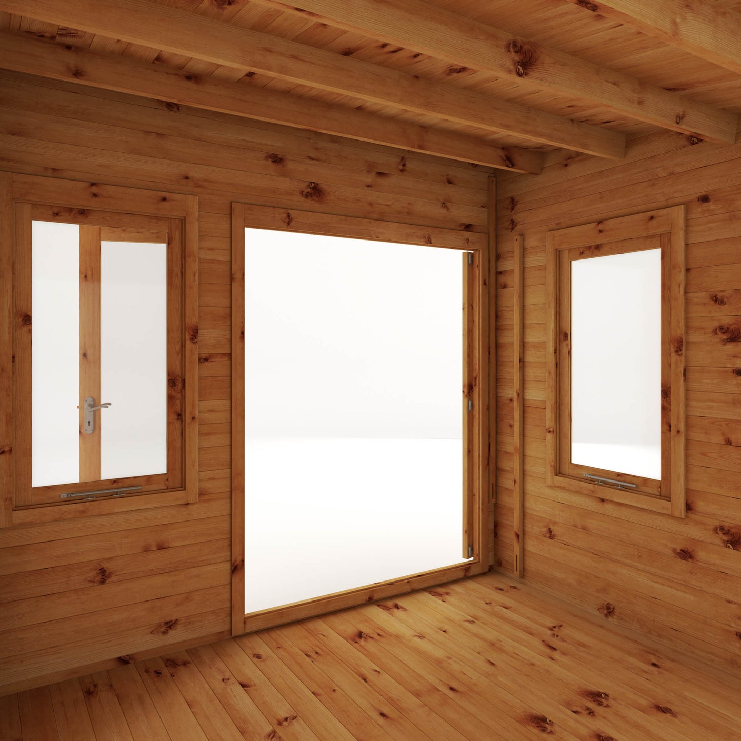 A curved roof log cabin with full length double doors and large windows
