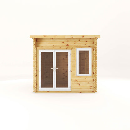 A curved roof log cabin with full length double doors and large windows with white UPVC