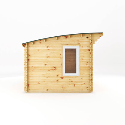 A curved roof log cabin with full length double doors and large windows with white UPVC