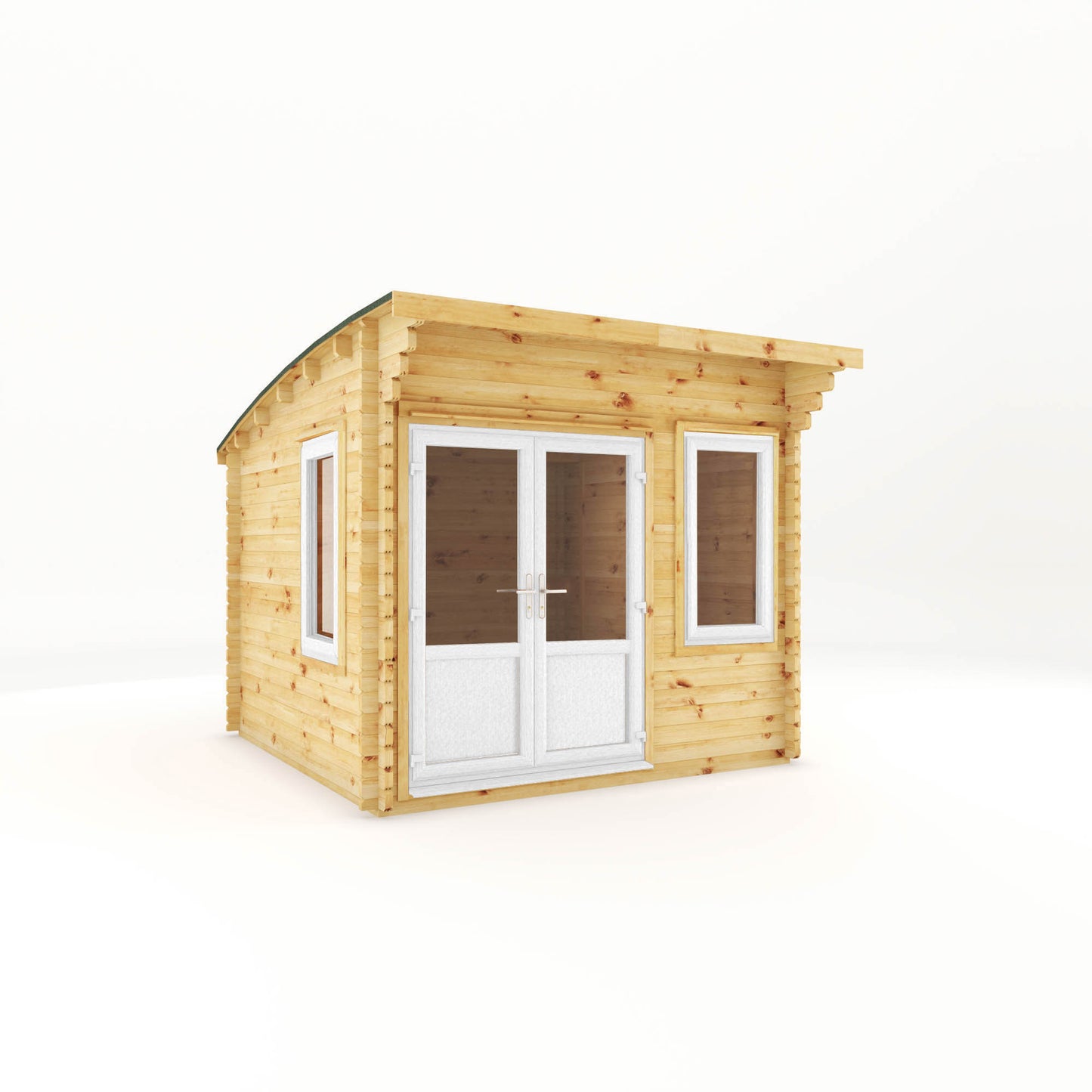 The 3m x 3m Tawny Curved Roof Log Cabin with White UPVC
