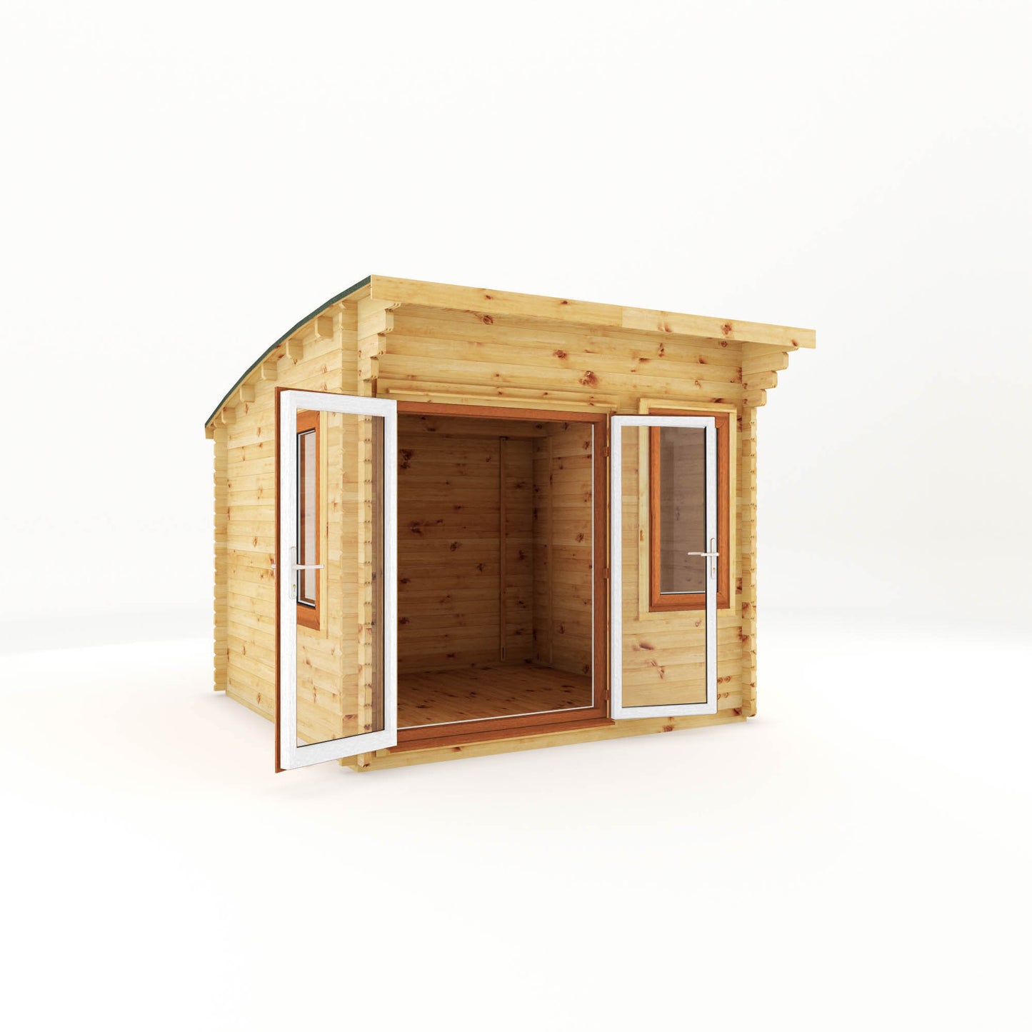 The 3m x 3m Tawny Curved Roof Log Cabin with Oak UPVC