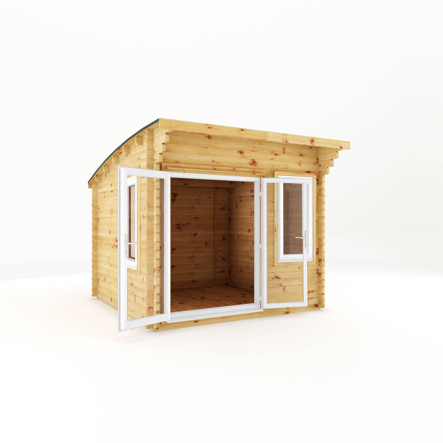A curved roof log cabin with full length double doors and large windows with white UPVC