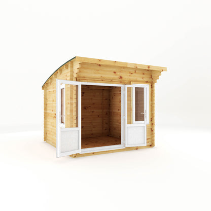 The 3m x 3m Tawny Curved Roof Log Cabin with White UPVC