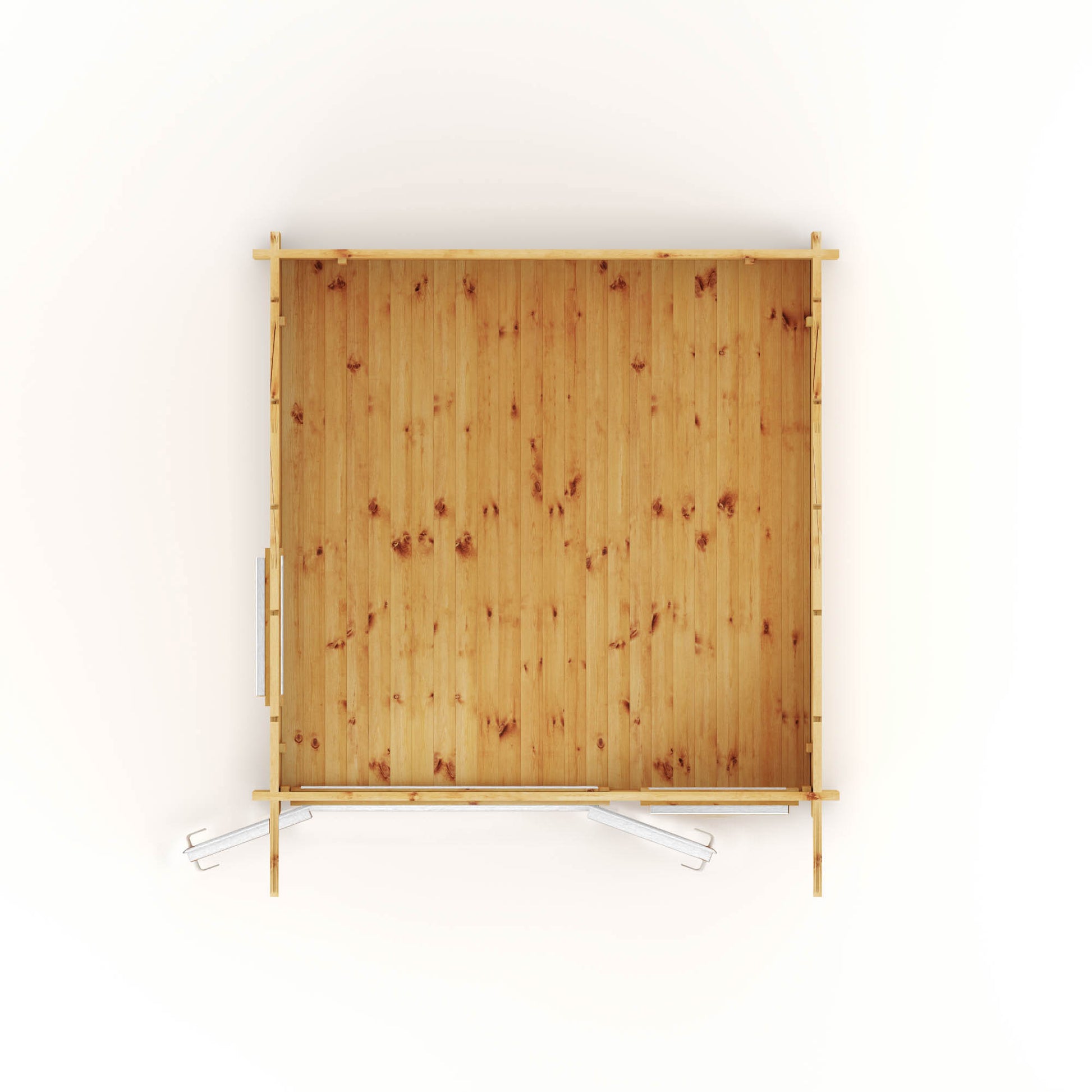 An aerial view of a 3m x 3m log cabin