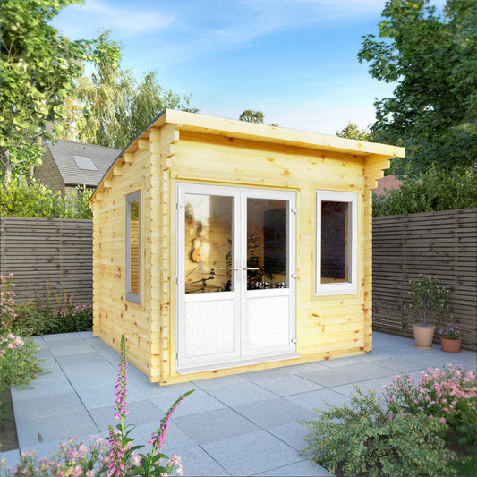 The 3m x 3m Tawny Curved Roof Log Cabin with White UPVC