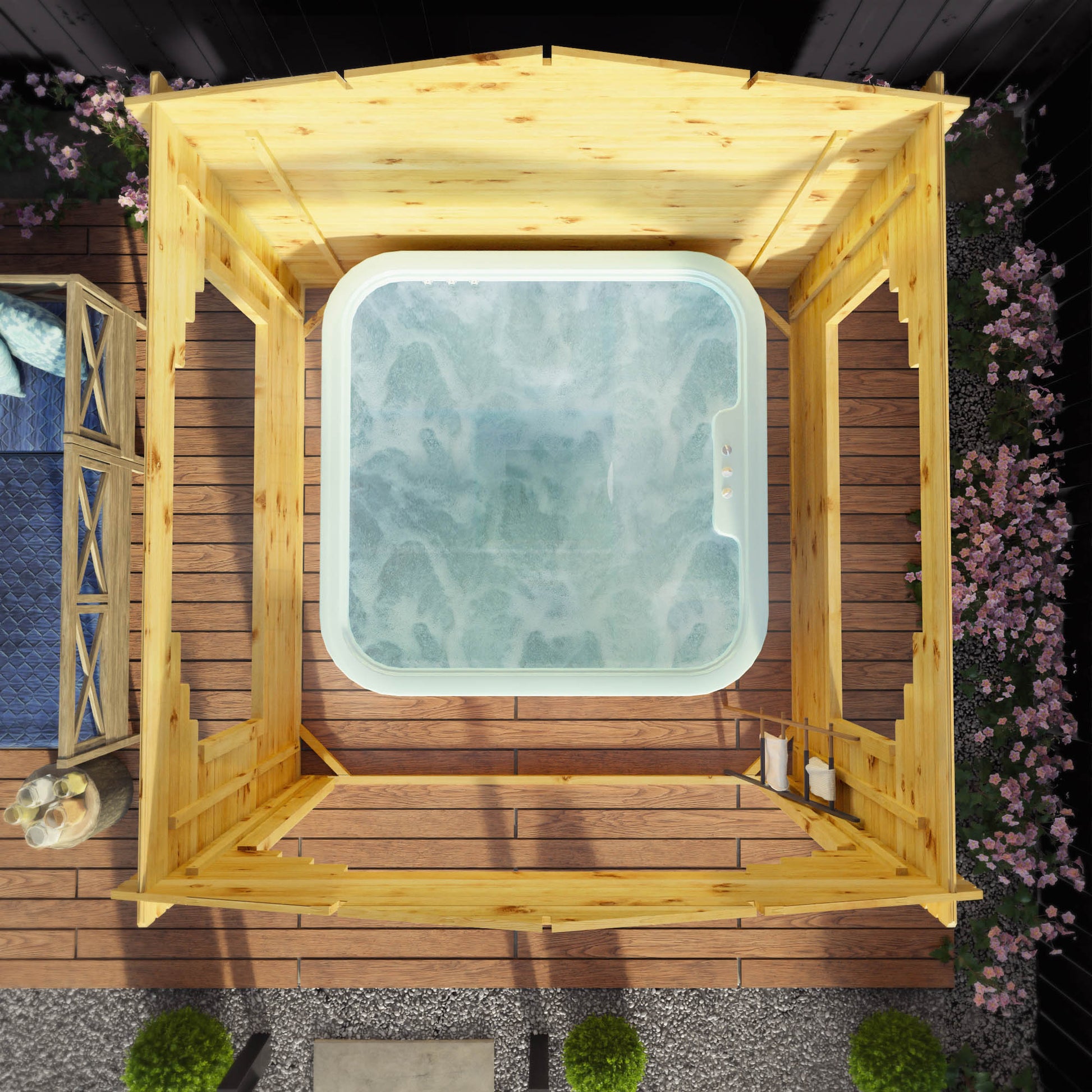 A log cabin gazebo with a hot tub inside, in a modern garden