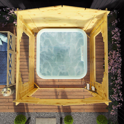 A log cabin gazebo with a hot tub inside, in a modern garden